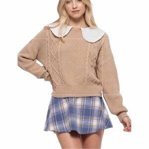 Blu Pepper Tan Cable Knit Sweater with White Collar